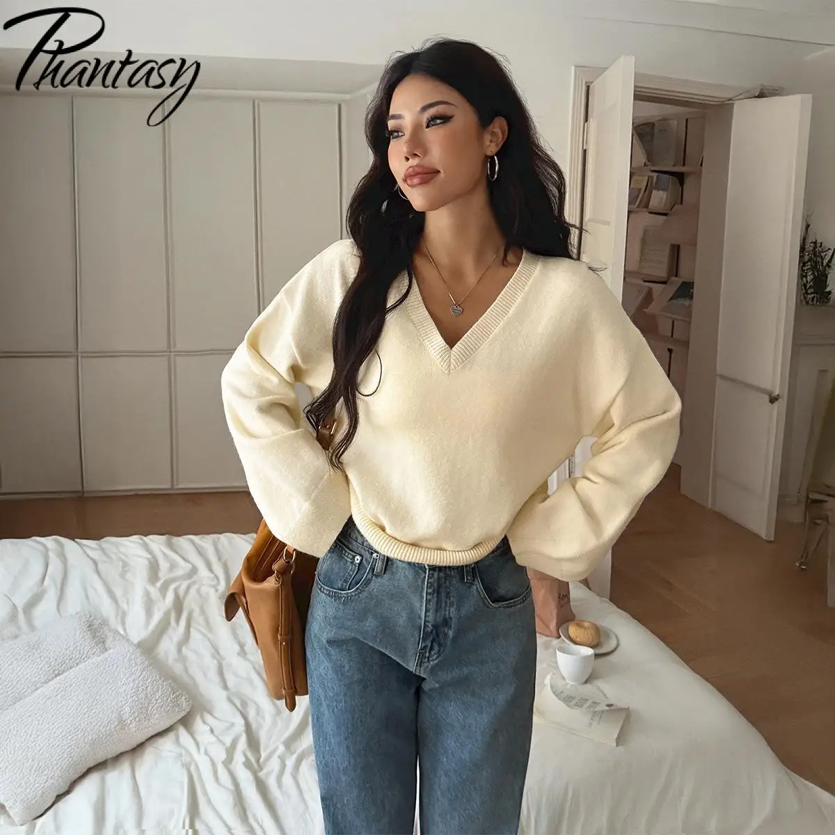 

Phantasy Autumn Winter Knitted Long Sleeve Fleece Thicken Sweaters Female Solid Color Comfortable Casual Sweater Pullover
