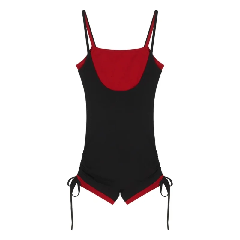 Fake Two-piece Contrasting Suspender Women Summer Tight Design High-waisted Jumpsuit Shorts
