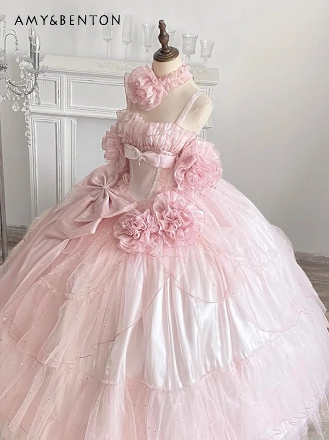 Sukienki wieczorowe w stylu Lolita Fairy, słodka różowa kokarda, trójwymiarowe plisowane kwiaty, sukienka księżniczki z odkrytymi ramionami i wysokim stanem.