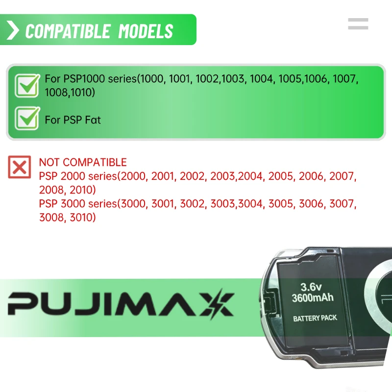 PUJIMAX 3600mAh 3.6V New Li-ion Battery Pack For Sony PSP-1000 For FAT For PlayStation Upgraded Version Rechargeable Batteries