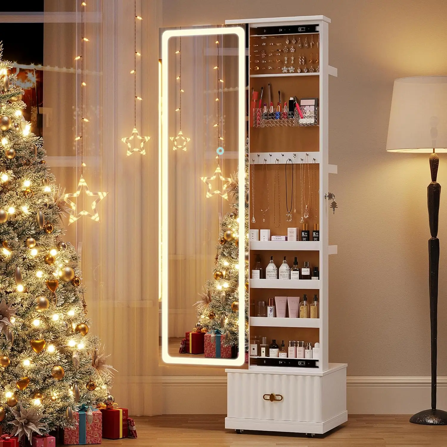 Cabinet with LED Mirror - Side Sliding Door Jewelry Armoires for Bedroom,Standing Jewelry Organizer with Full Length Mirror&3 Ph