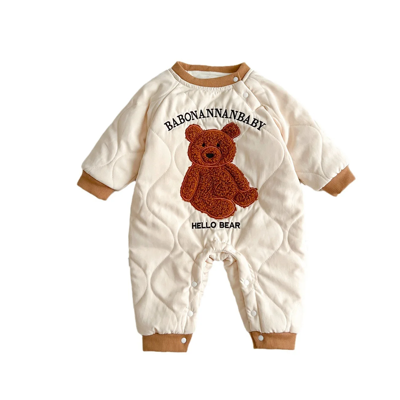 Adorable Bear Patch Applique Cotton Romper Cozy Winter Fleece-Lined Jumpsuit for Newborns & Infants Cute Outdoor Outfit