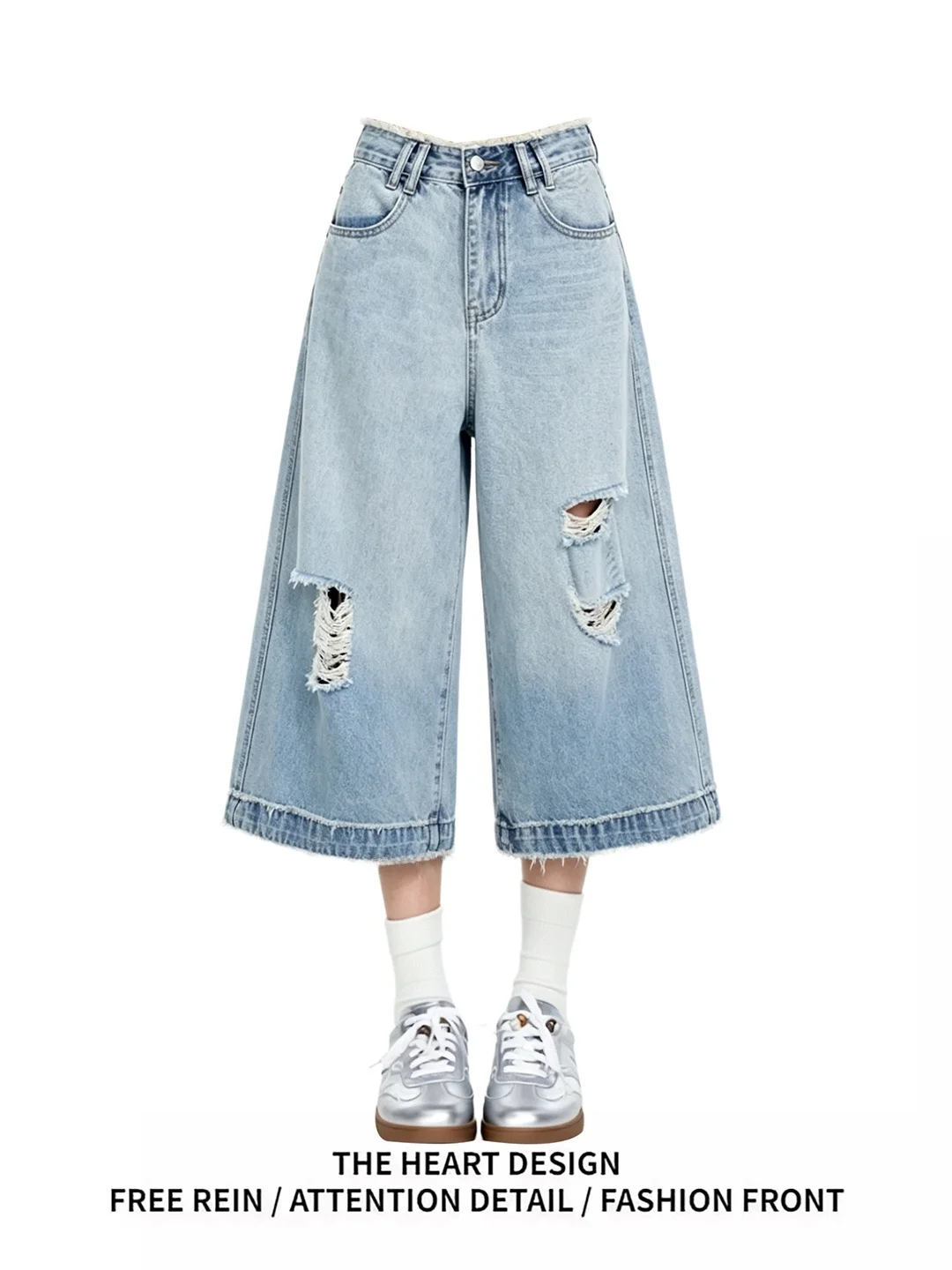 

Retro Washed Denim High Waist Loose Wide Leg Short Pants American Style Seven-Foot Jeans Casual Wear Summer Blue Color