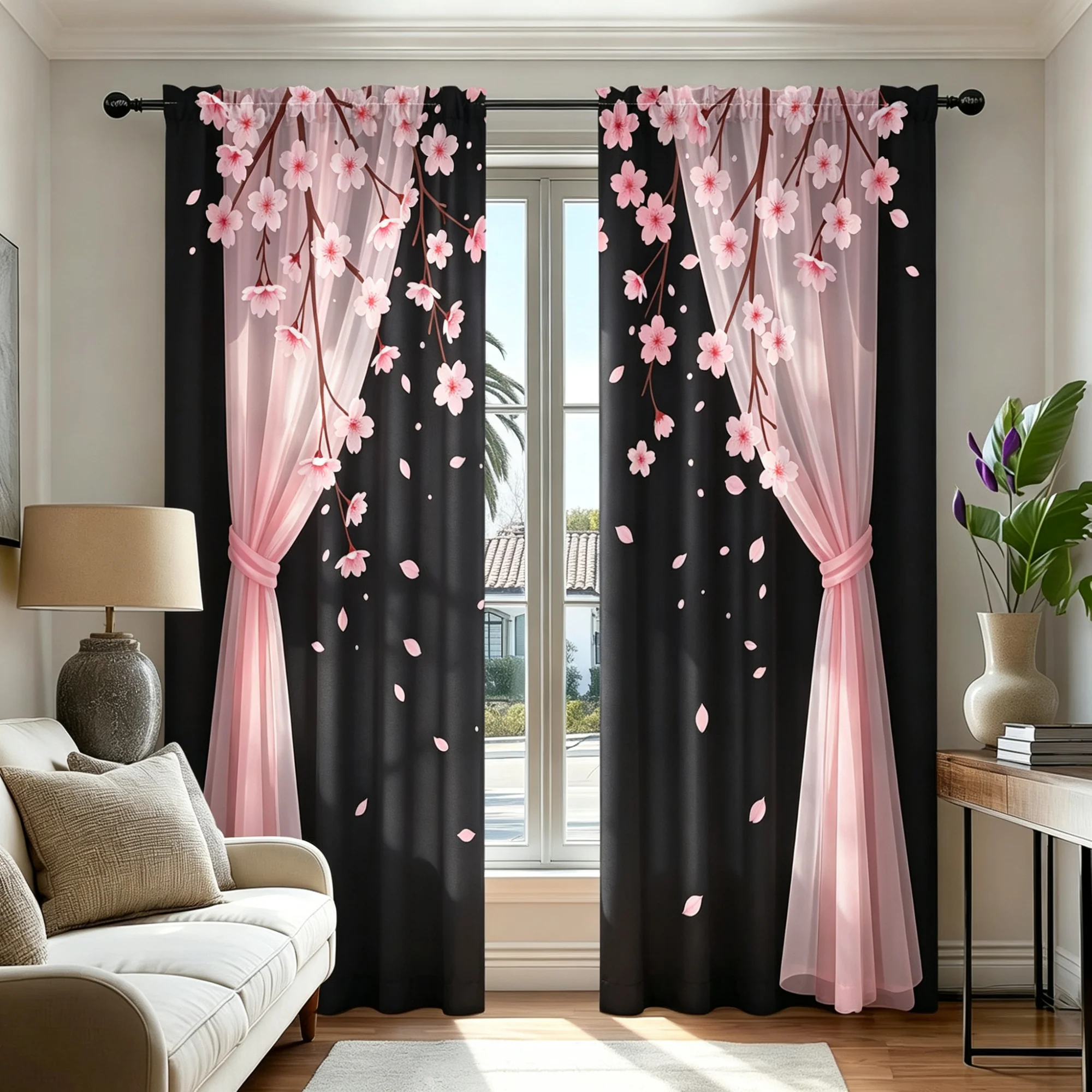 2PC Pink Cherry Blossom Patterned Curtains Privacy Curtain Digital Print Light Blocking Modern Simple Country Style Rod Pocket P