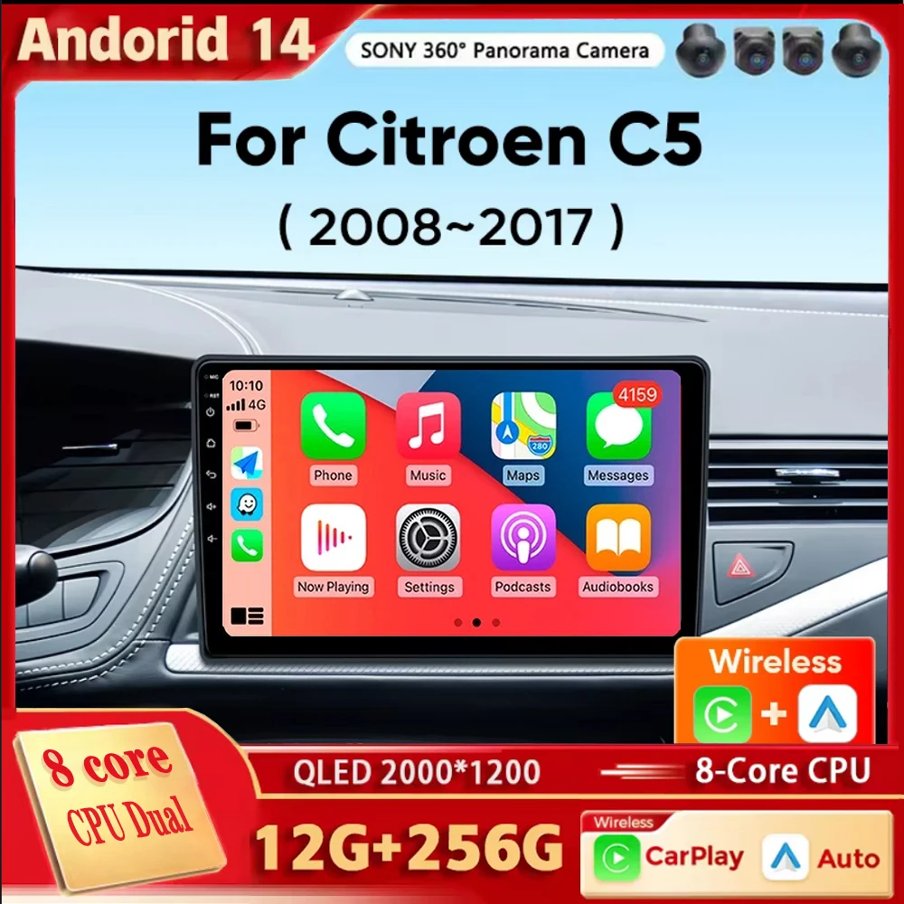 For Citroen C5 2008 2009 2010 2011-2017 Android 14 Carplay Auto Car Radio Multimedia Video Player Navigation GPS No 2Din 2 Din