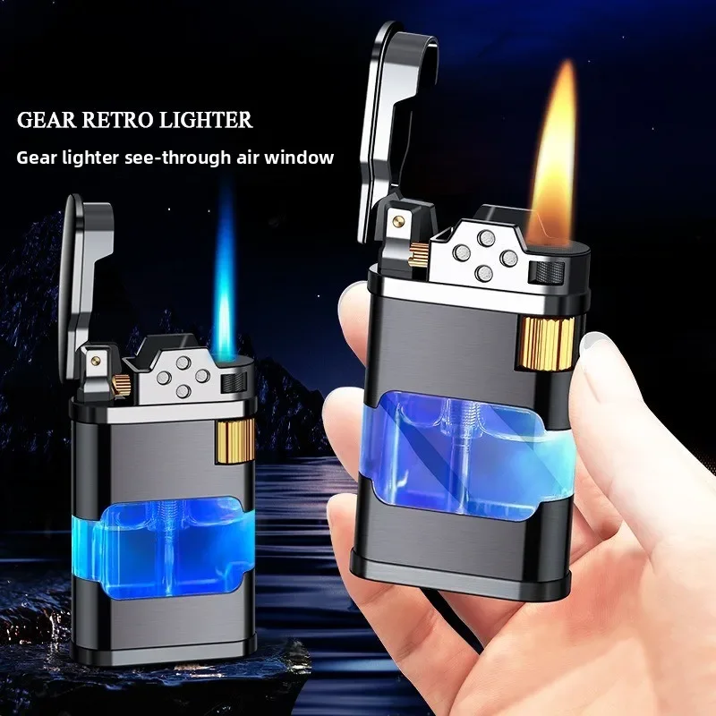 New Transparent Tank Blue Flame Gas Lighter with Light, Side-Sliding Igniter, Creative Festival Gift