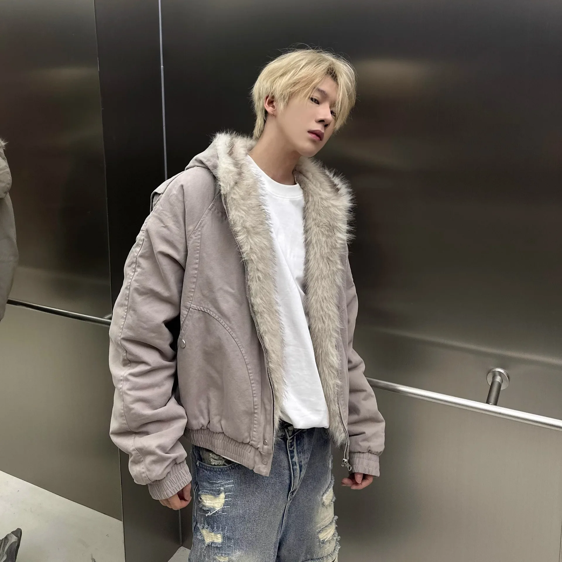 الخريف/الشتاء Y2K الأمريكية الرجعية شارع العليا الفراء طوق سميكة سترة قطن الرجال والنساء الشرير الشارع فضفاض قصير سترة غير رسمية