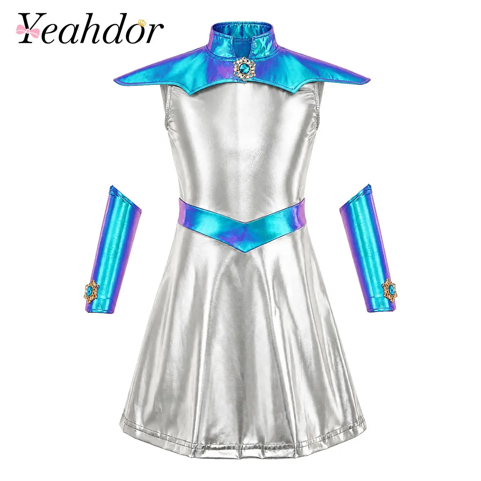 Kids Girls Alien Costume Sleeveless Metallic Dress with Stand Collar Cape Gloves for Halloween Role-playing Theme Party Outfits