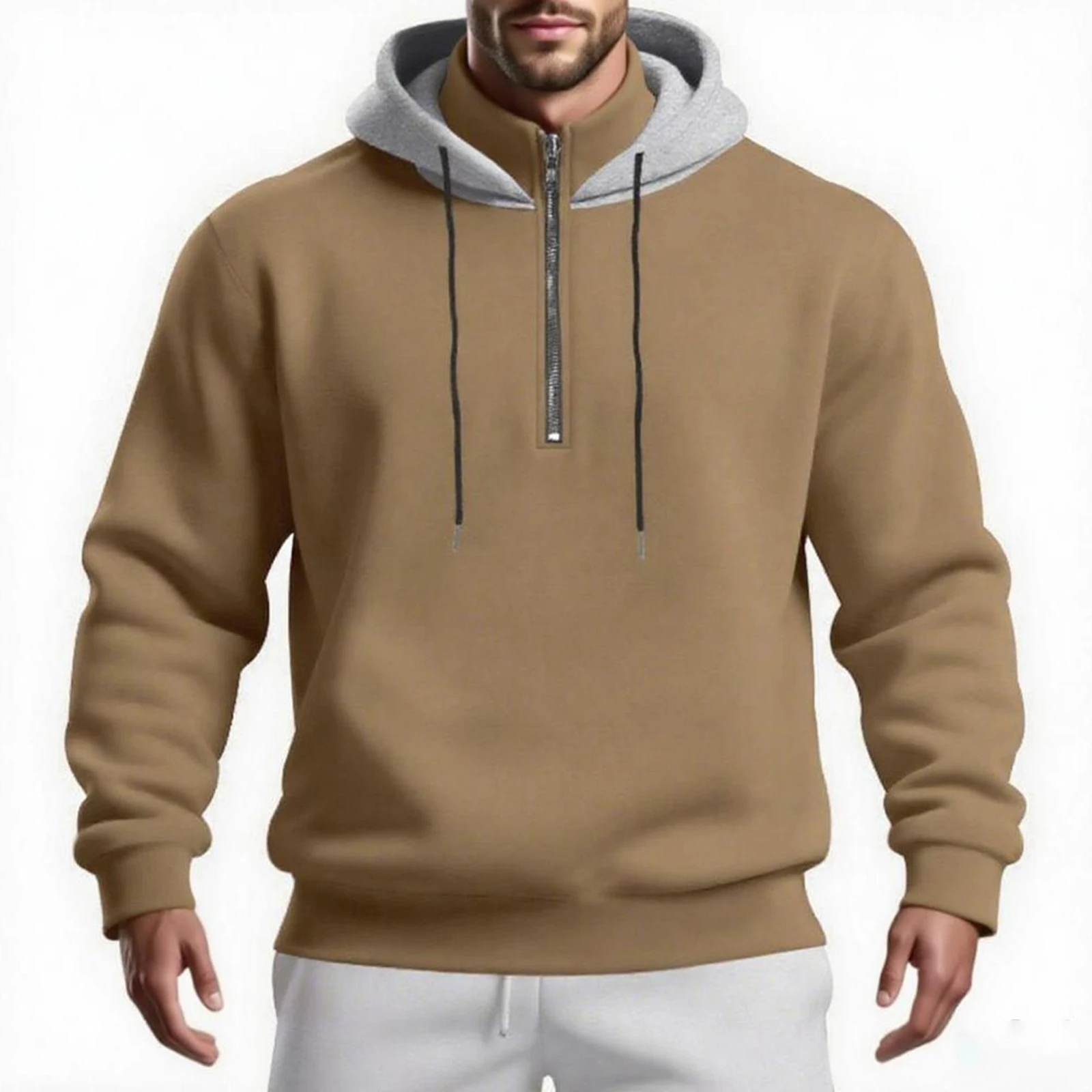 

Мужские весенне-осенние топы с капюшоном и длинным рукавом контрастного цвета, толстовка на молнии с завязками на половине