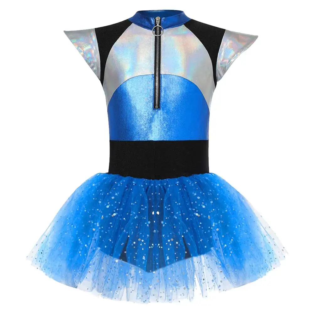 Disfraz de astronauta alienígena para niñas, falda de tutú azul brillante, traje de escenario espacial, ropa de fiesta elegante