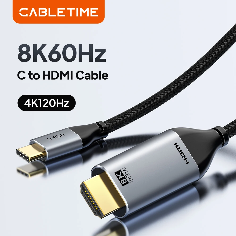 CABLETIME USB C to HDMI Cable 8K@60Hz HDR 4K@144Hz Advanced Chip HDCP 2.3 3D Effect Ultra HD Cable for Laptop HDMI Cable
