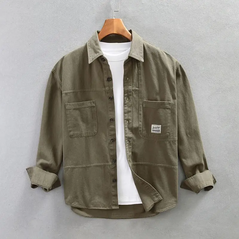 Men's Casual Wearable Cotton Shirt Spring Autumn Loose Fit Vintage Style Long Sleeve Workwear Jacket with Patch Pocket