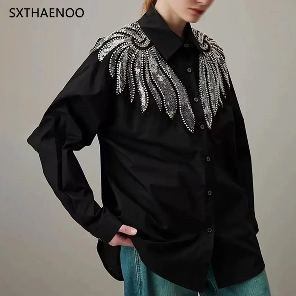 

SXTHAENOOE Solid Spliced Button Loose Blouses For Women Lapel Long Sleeve Temperameng Minimalist Elegant Shirt Female Fashion