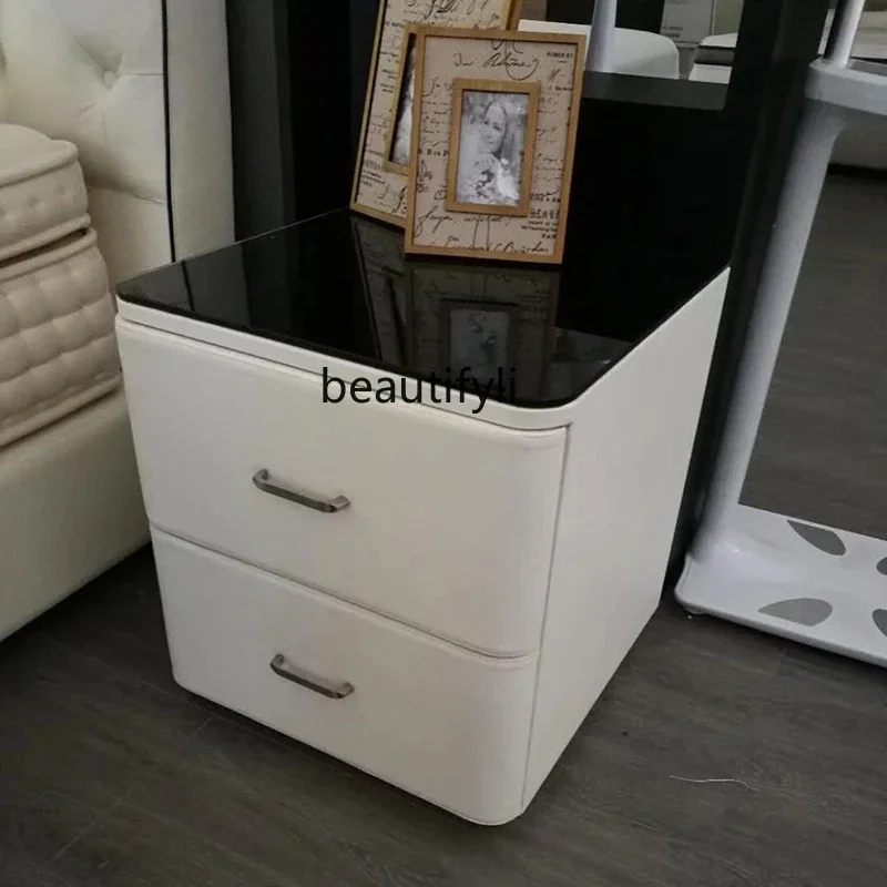 

Bedside Table Leather Cabinet Locker Bedside Cabinet Double-Layer Solid Wood Drawer Tempered Glass