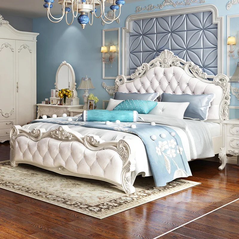 European double bed modern minimalist master bedroom luxury solid wood French wedding white girl princess bed