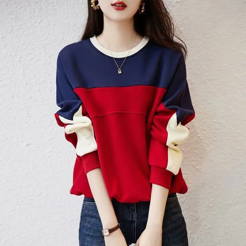 Autumn and Winter Women\'s Pullover Round Neck Contrast Shoulder Drop Long Sleeve Tee T-shirt Hoodies Fashion Casual Loose Tops