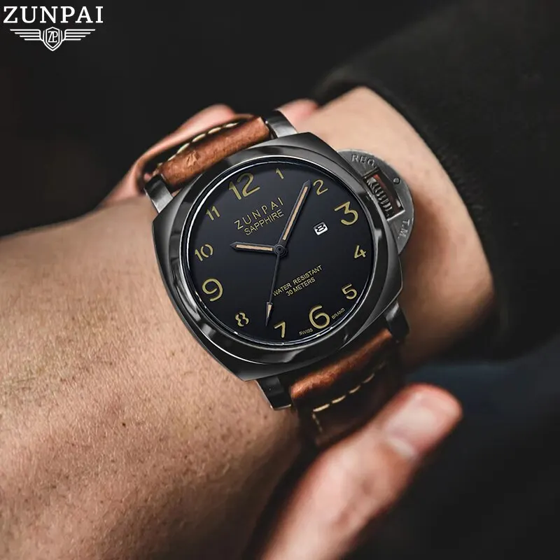 ZUNPAI Original Watch for Men Waterproof Sport Fashion Leather Strap Black Luminous Analog Baterai Quartz Wristwatches