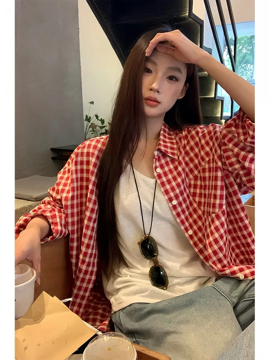 2026 Y2k Autumn Women New Vintage Red Plaid Turn-down Collar Over-shirt Long Sleeve Streetwear Loose Patchwork Harajuku Blouses image 2