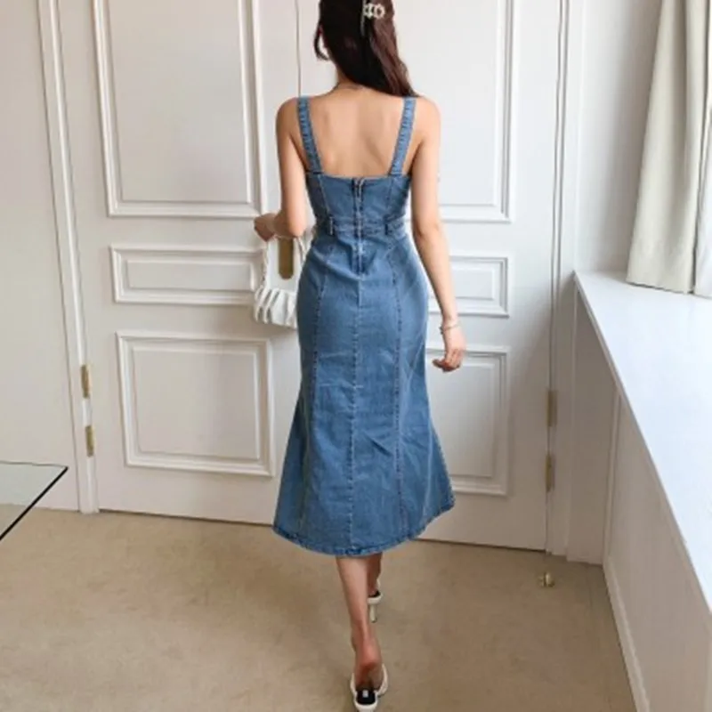 Summer Vintage Temperament Suspender Denim Fishtail Dress Women\'s Sexy V-Neck Sleeveless Bag Hip Slit Elegant Party Dress