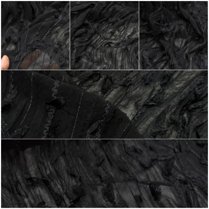 

Черная вышитая тюлевая шифоновая ткань с дышащей полосатой бахромой для весенне-летних платьев, блузок, дизайнерской одежды и рукоделия