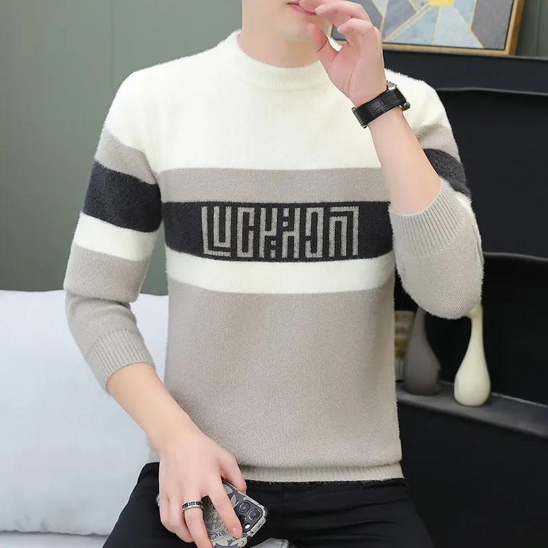 

Men's Winter Thiened Knitted Sweater Warmth Faux Fur f High Collar Slim Fit Faionable Base irt Casual Sle