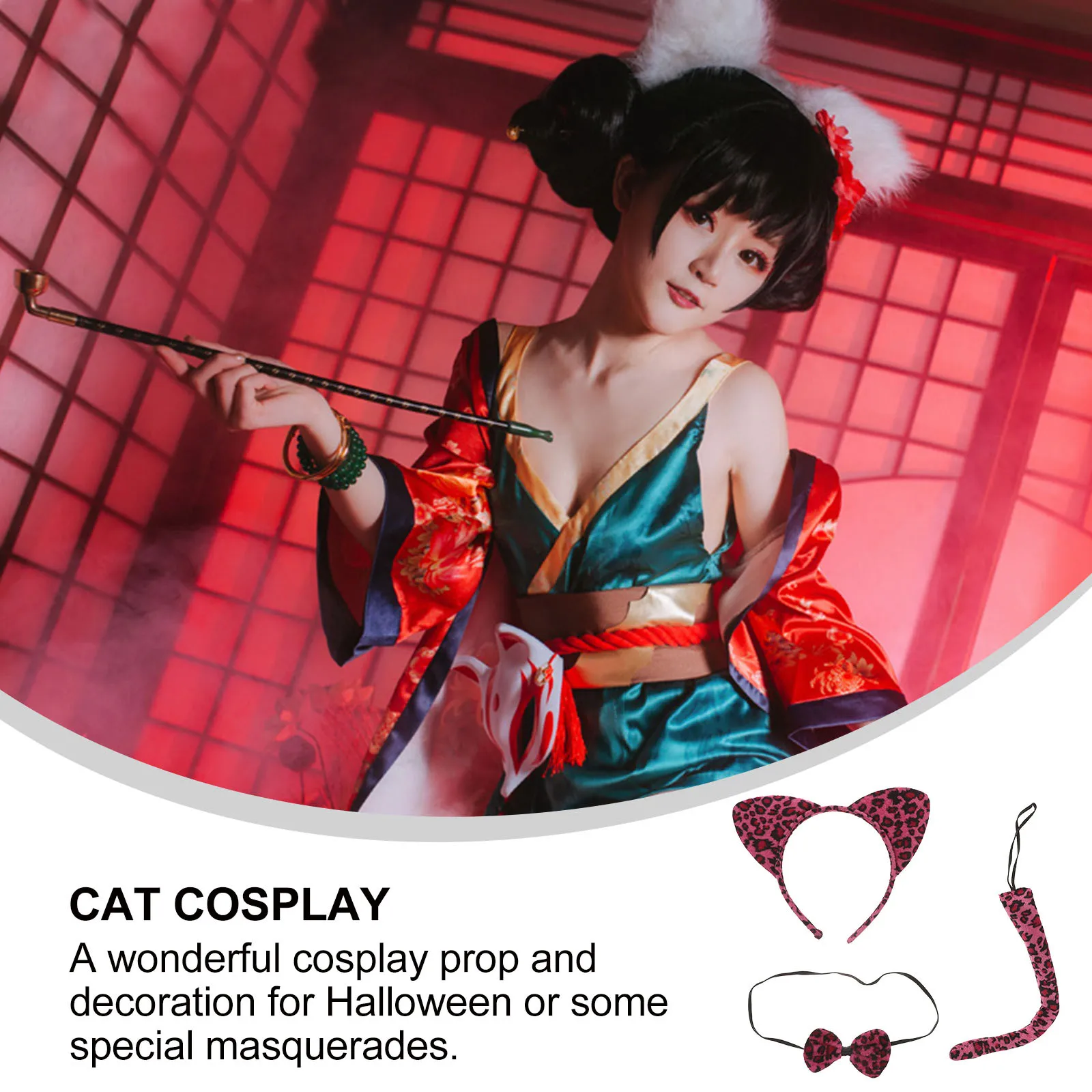 Zestaw 3 szt. opasek na głowę z kocimi uszami, kokardą i ogonem w panterkę dla dzieci, kostium do cosplayu, akcesoria do występów tanecznych