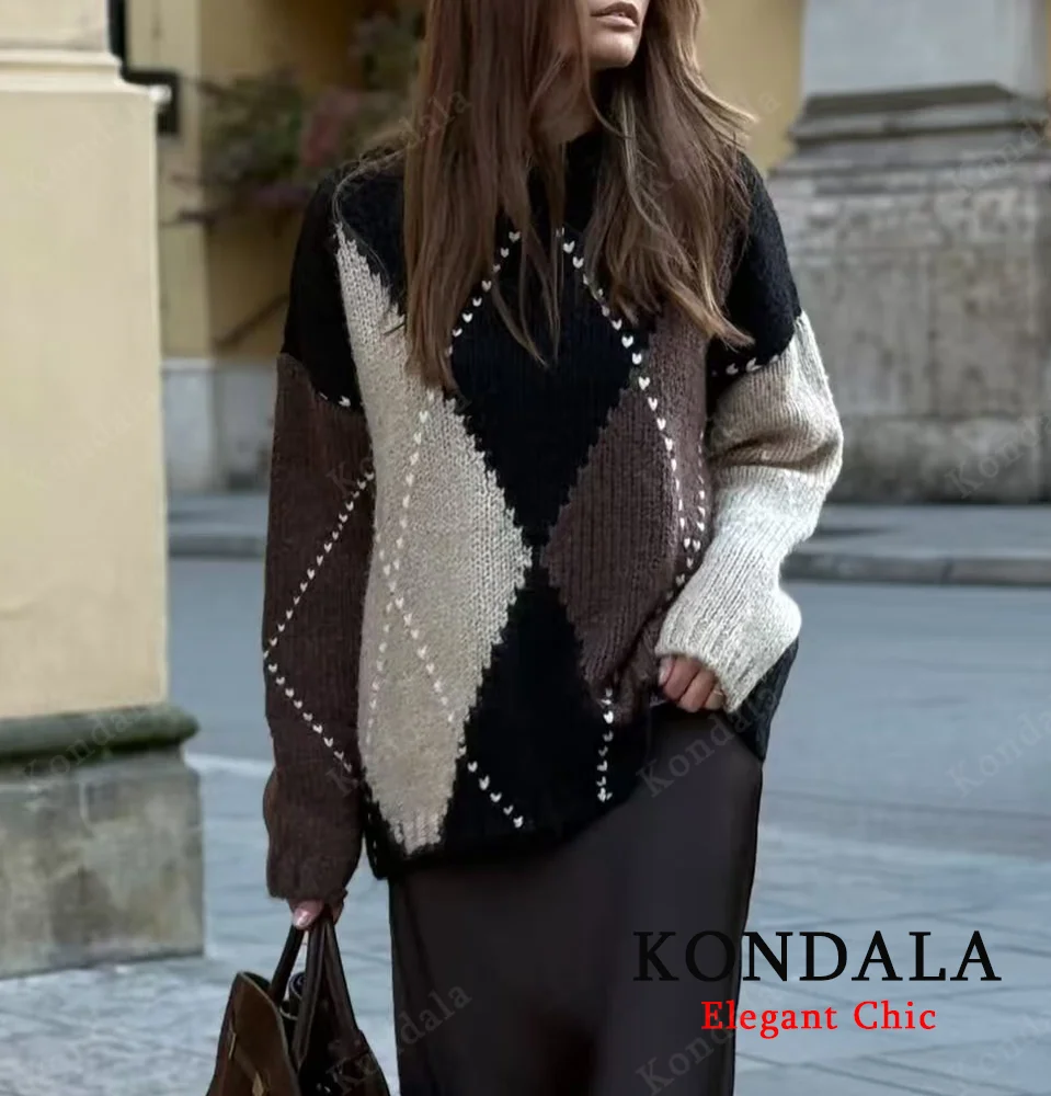 

KONDALA женский уличный вязаный свитер с бриллиантами, пуловер с круглым вырезом, свитер с длинными рукавами, новинка 2025 года, весенне-осенний модный свитер Mujer