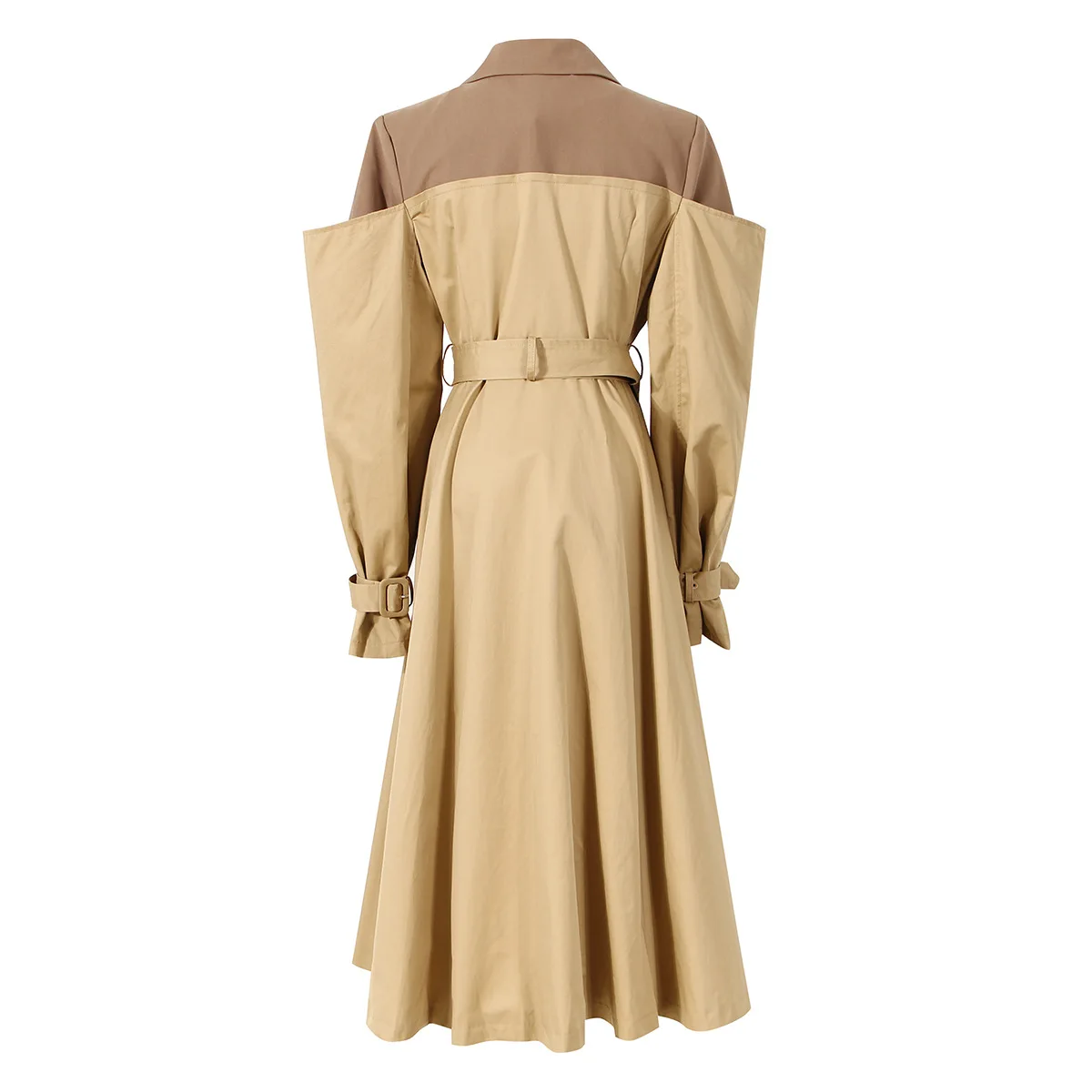 2025 Autumn Women Double Color Fake Two Piece Notched Collar Trench Coat Knee Length Waist Tie Dress