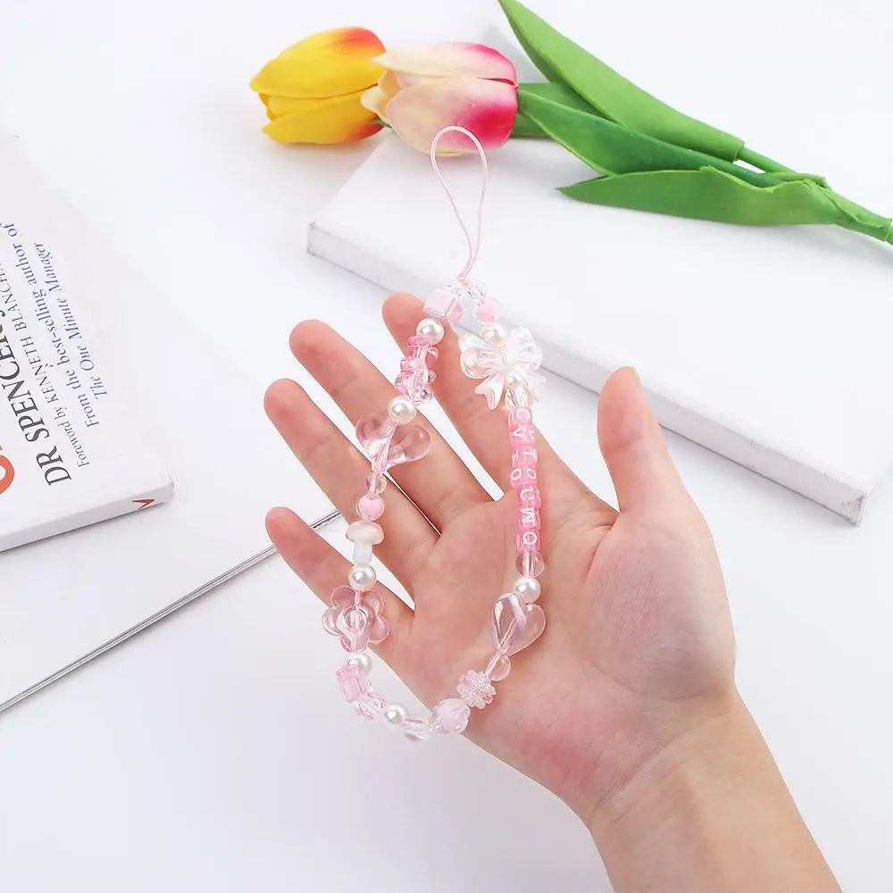 Anti-lost Pink Acrylic Beaded Pendant Phone Chain Phone Lanyard Wrist Hand Lanyard Hand Strap Phone Charm Mobile Phone Straps