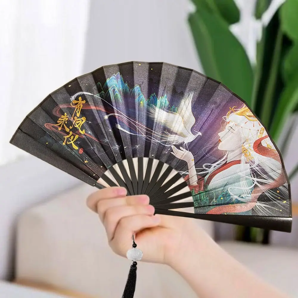 Bamboo Chinese Silk Vintage Folding Fan Wooden Shank Classical Dance Fan High Quality Tassel Elegent Female Hand Fan Home Decor