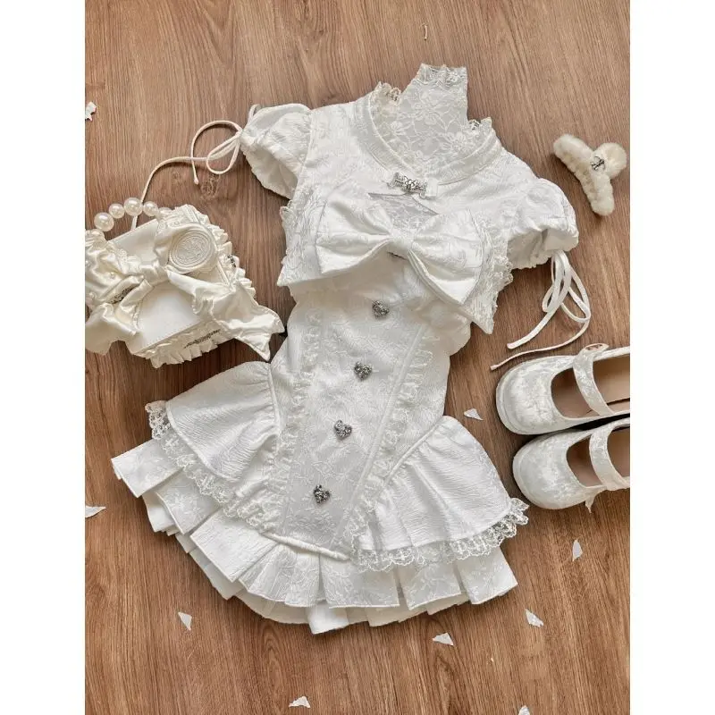 

Heart Button Hollow Out Big Bow Bubble Short Sleeved Top Pleated Skirt Two Piece Sets Womens Outifits Crop Shirt Lolita Dress