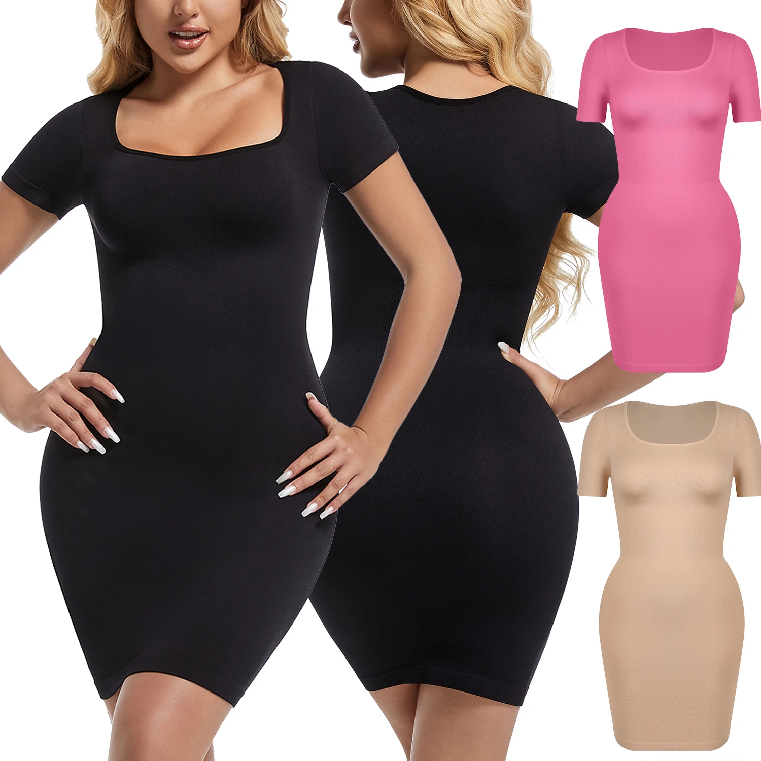 Women's Short Sleeve Shaper Dress Seamless Square Neck Skirt Tummy Control Butt Lifter Full Slips Breathable Body Shapewear New