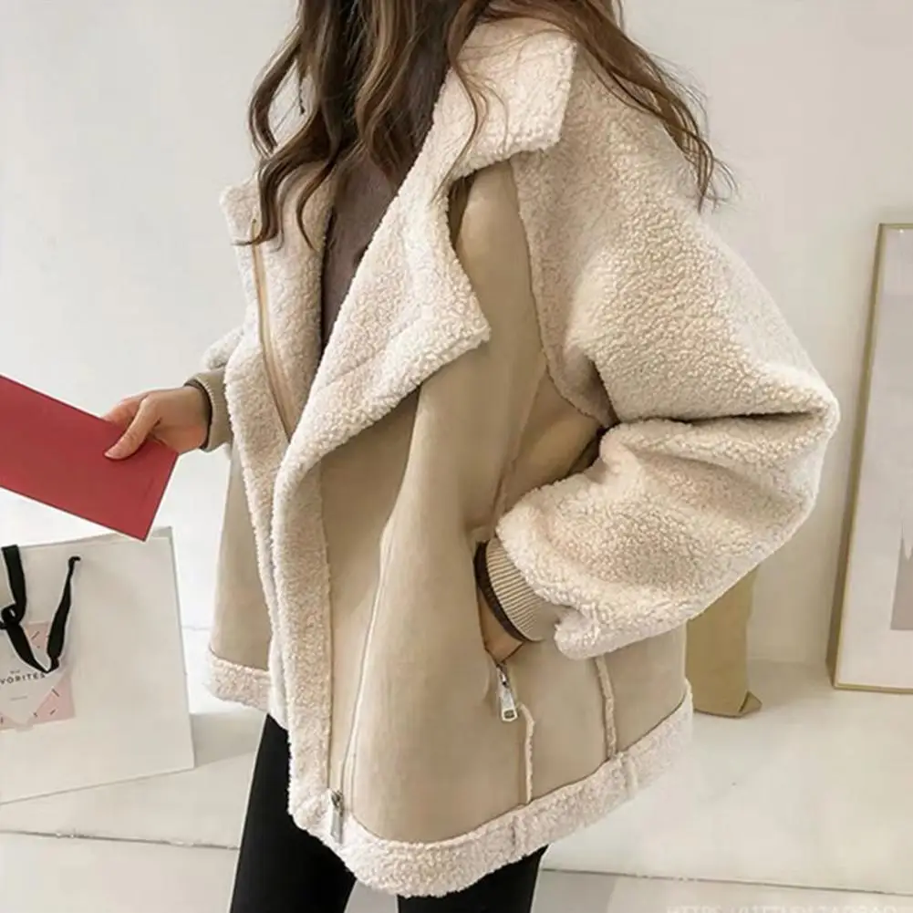 Fall Winter Women Jacket Heat Retention Loose Long Sleeves Velvet Blazer Zippered Pockets Lambswool Windproof Colorblock Coat