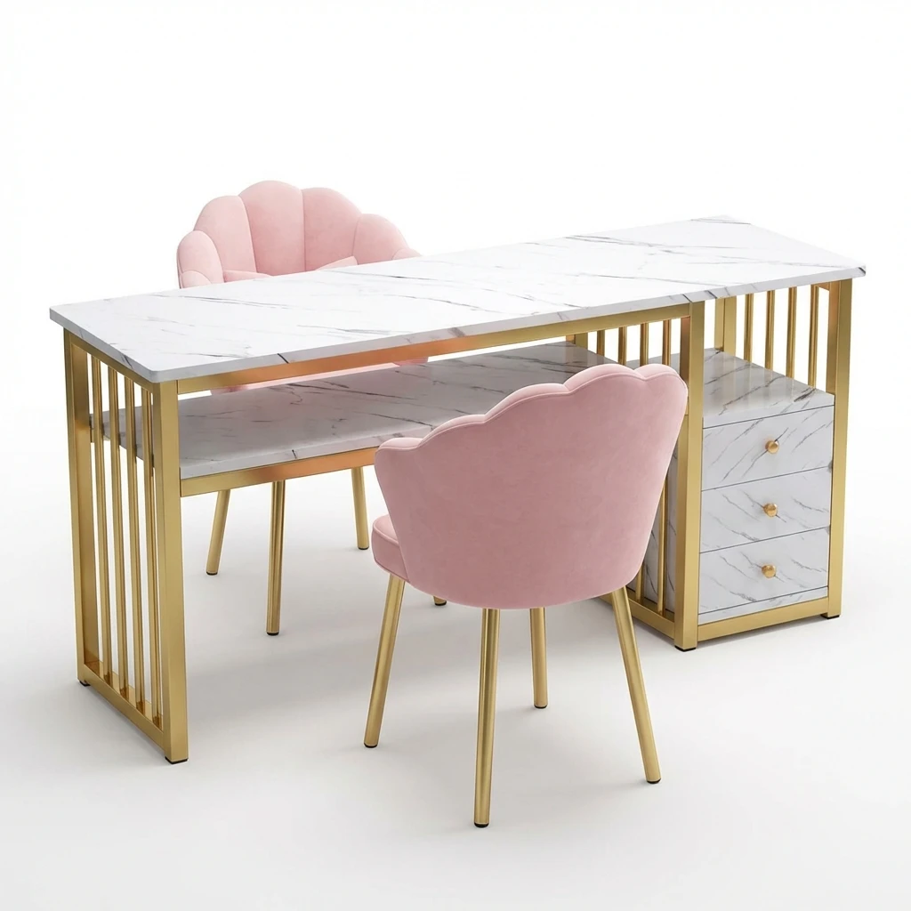 #Modern Double Nail Tables Metal Manicure Desk Chairs Sets Easy Clean Surface for Salon Furniture Nail Bar Gel Nail Art
