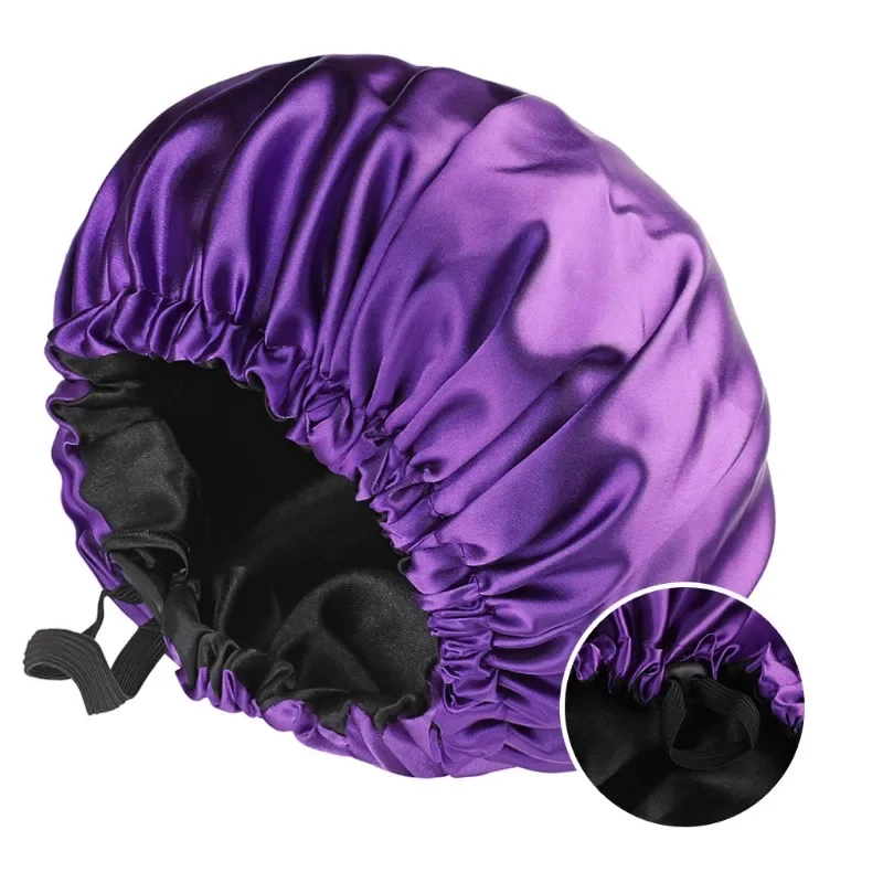 Adjustable Satin Bonnet for Women Nightcap Double Layer Round Shower Caps Night Sleep Polyester Hat Monochromatic Black Lining