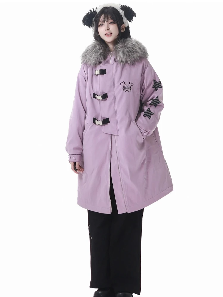 ファッションストリートウェア カレッジスタイル ロングパーカー 星パッチ刺繍 ファーカラー フード付き 厚手 暖かいジャケット レディース 冬用オーバーコート