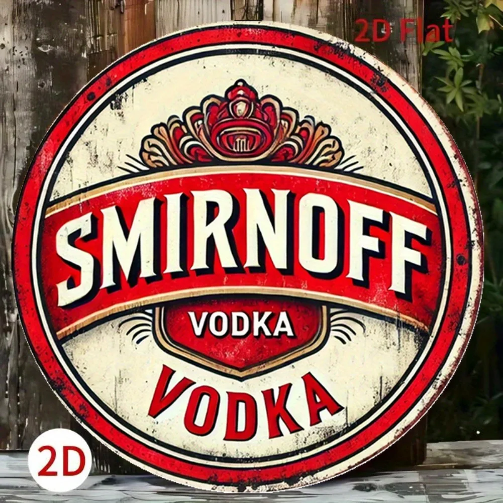 Letrero metálico redondo vintage retro de Smirnoff Vodka – Diseño de productos planos en 2D con profundidad mejorada y detalles artísticos, con