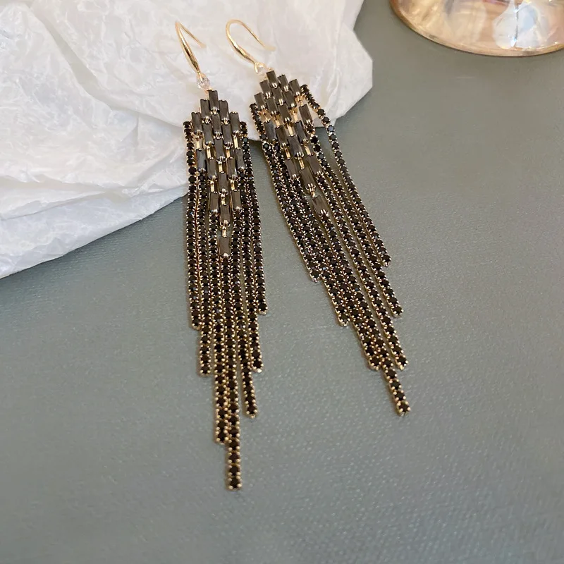 S3292 Fashion Jewelry Zircon Inlaid Geomtric Dangle Tassels Earrings For Women Luxury Long Tassel Earrings