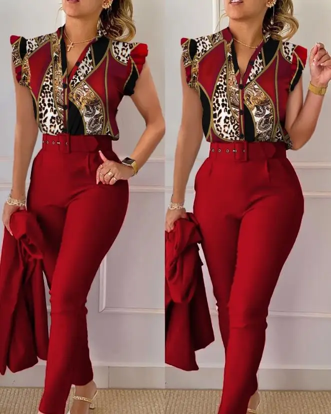 Women's Pant Set 2023 Summer Fashion Geometric Print Ruffle Sleeve Top and Pants Set with Belt Elegant Office Suit