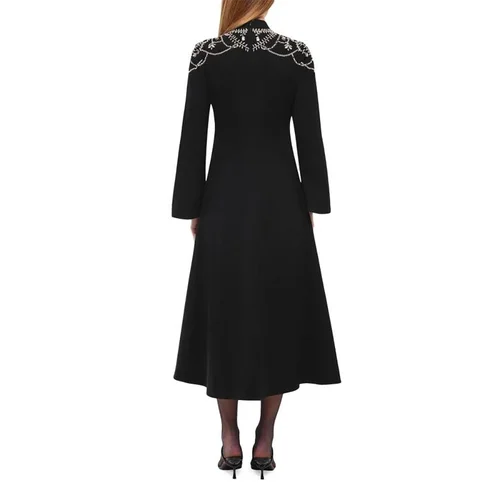 Imagen 2 del producto Vestido de Invitada de Boda Negro Personalizado, Cuello Alto, Mangas Largas, Cuentas de Cristal, Vestidos de Noche Línea A, Vestido de Fiesta Largo hasta la Rodilla