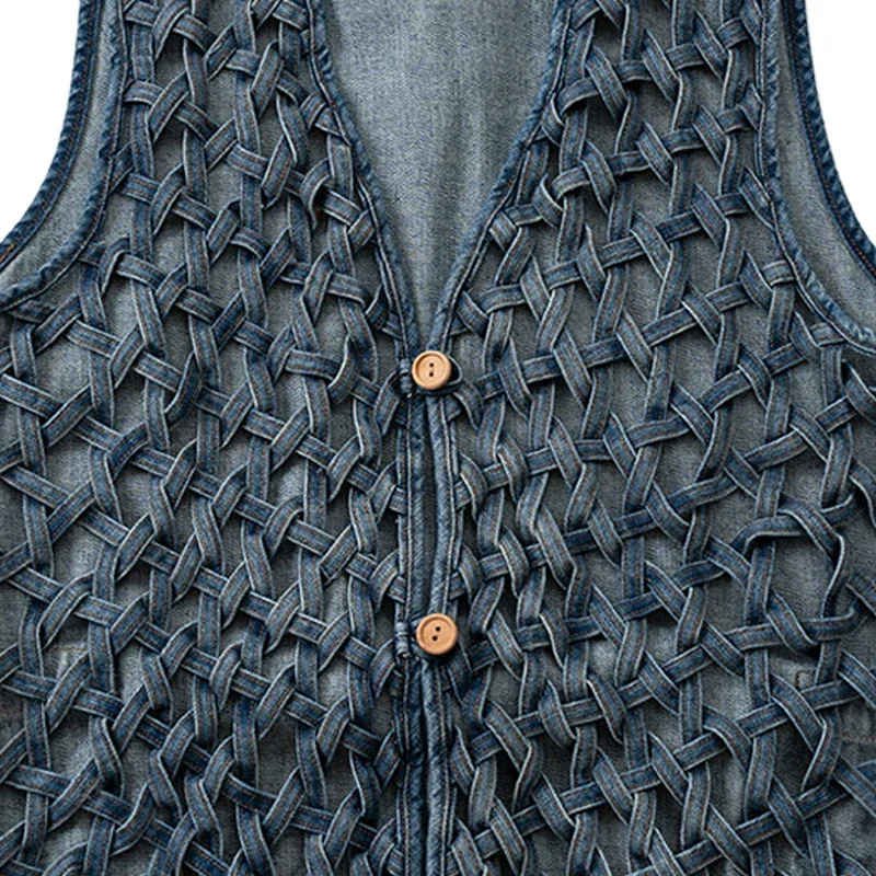 New Arrival Hand Woven Hollowed Out Men's and Women's Casual Loose Denim Vest Jacket High Quality