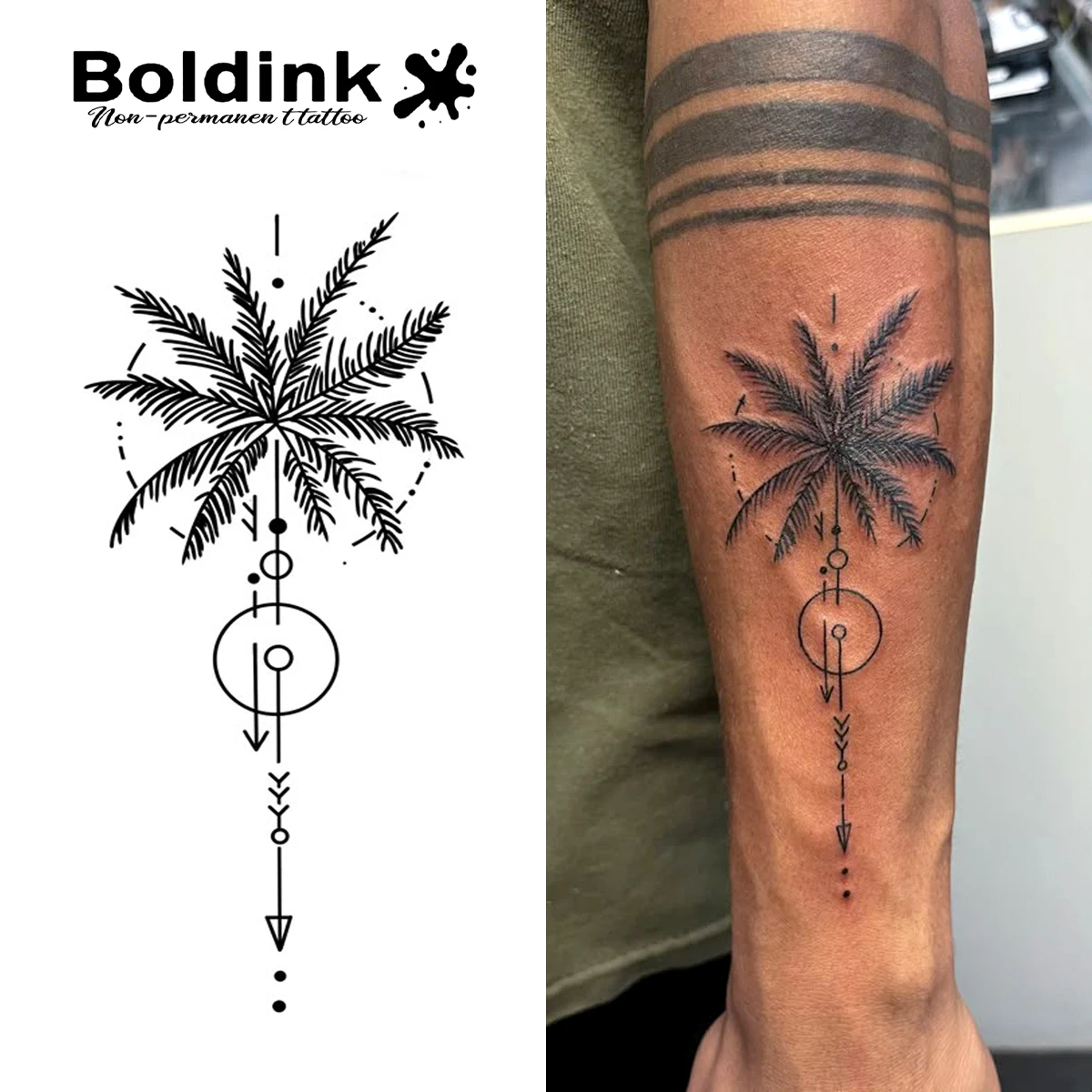 

Palm Trees And Geometric Symbols Temporary Tattoo,Lasts To 15 Days New Technology Magic Waterproof Semi Permanent Sticker.