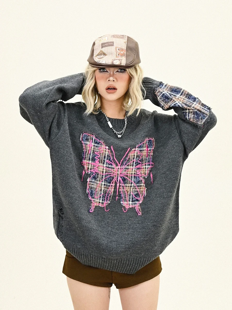 Plaid Butterfly Crew Neck Sweater Women's 2024 Winter New Loose Bf American Lazy Wind Knitted Top image 5