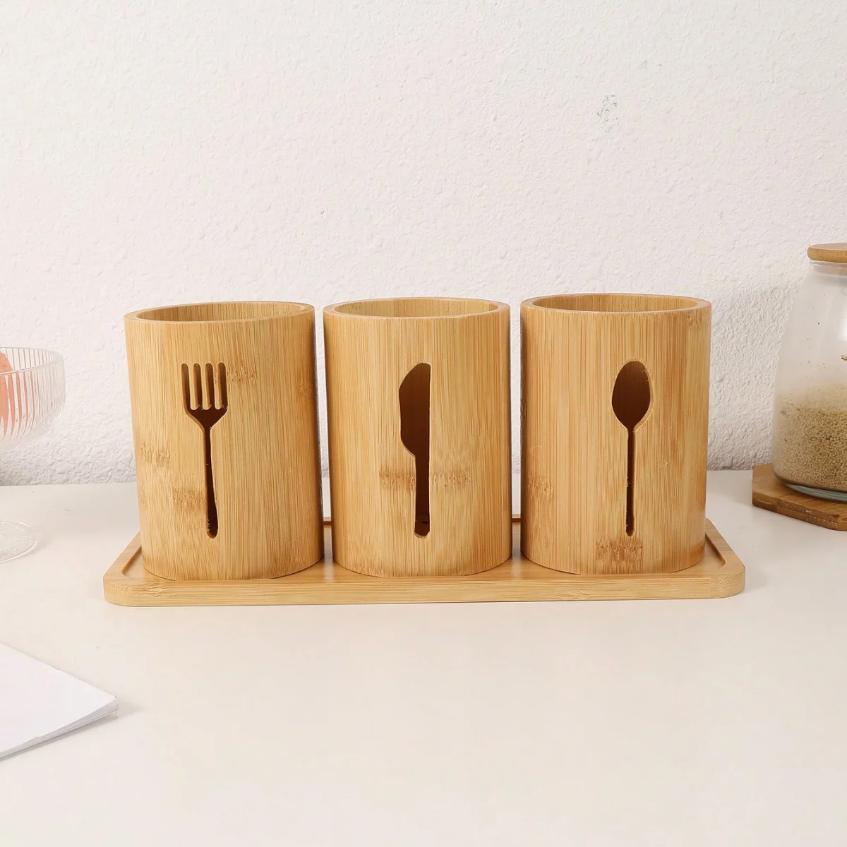 4Pcs/1Pc Set of Four-Piece Cutlery Storage Containers with Bamboo Tray Base, Three Kitchen Utensil Storage Containers Can Be Purchased Separately