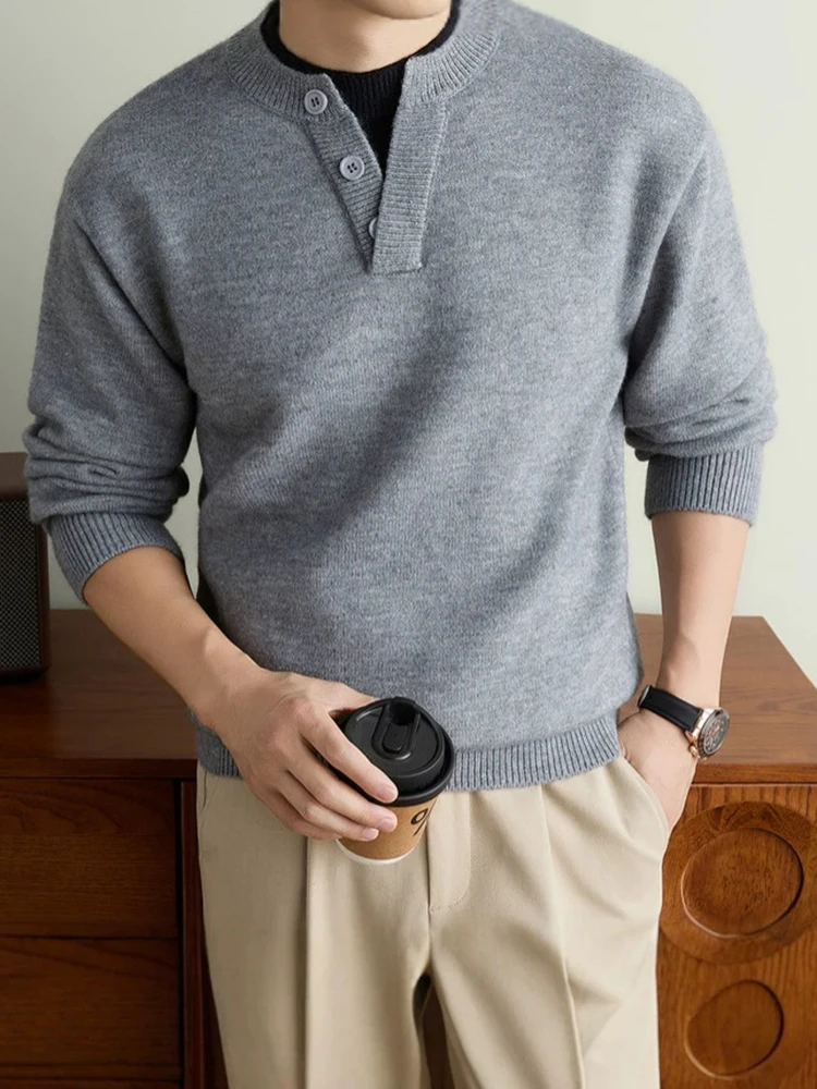 Autumn Winter Mens Knit Sweater Solid Color Henley Neck Fake Two Piece Long Sleeve Knitted Pullover Daily Casual Warm Tops Male