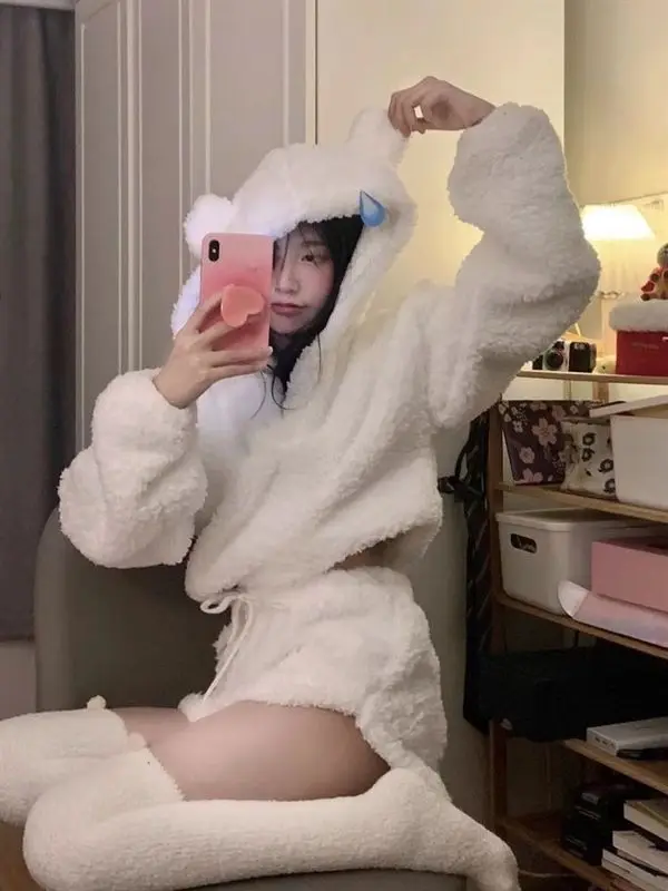 White Sweet Wool Two Piece Set Women Long Sleeve Hooded Fur Coat+ Kawaii Shorts Set Female Japanese Style Casual Short Set 2023