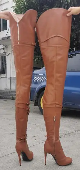 

New Women Sexy Brown Matte Leather Extra Long Small Belt Buckles Slim Over The Knee Boots Stiletto Heels Thigh Boots Shoes Lady