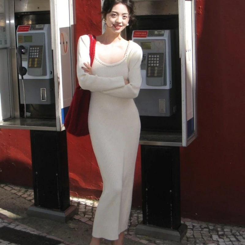 Robe en tricot pour femmes, perles, élégante, confortable, tendance coréenne, Harajuku, haute qualité, rétro, robes au Crochet, fête de bal, nouvelle collection