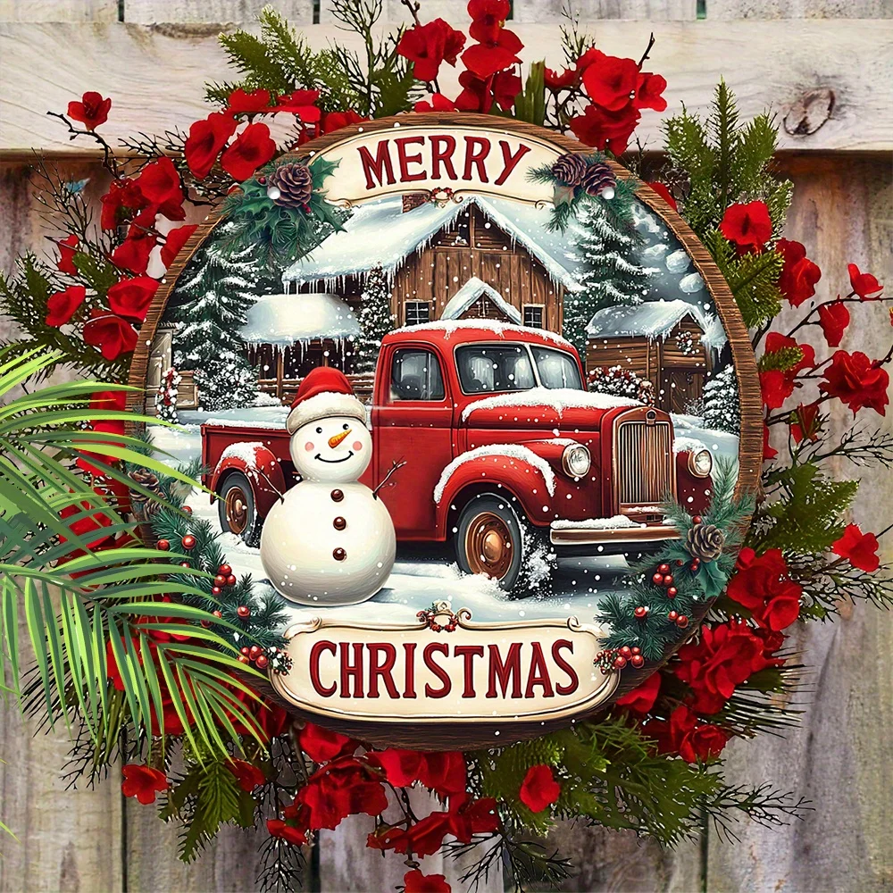 1pc Rustic Wooden Christmas Sign, Festive Merry Christmas with Red Pickup Truck, Snowman, Berries, 11.8 inches, Farmhouse Holida
