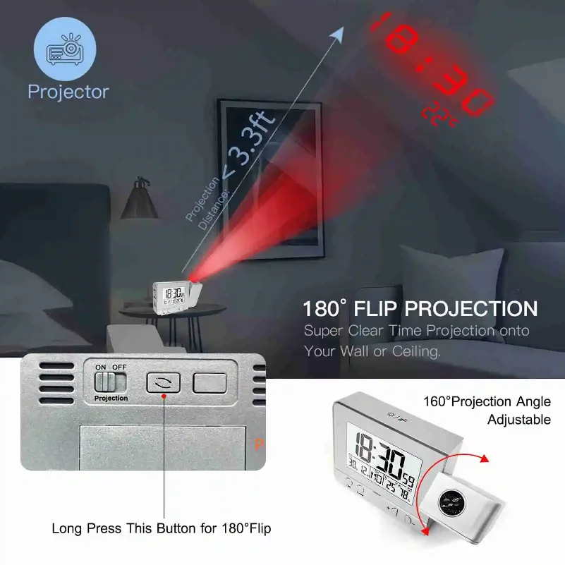 Digital Projection Ceiling Clock Dimmable LED Display with USB Charger Alarm Clock For Bedroom With Thermometer Hygrometer